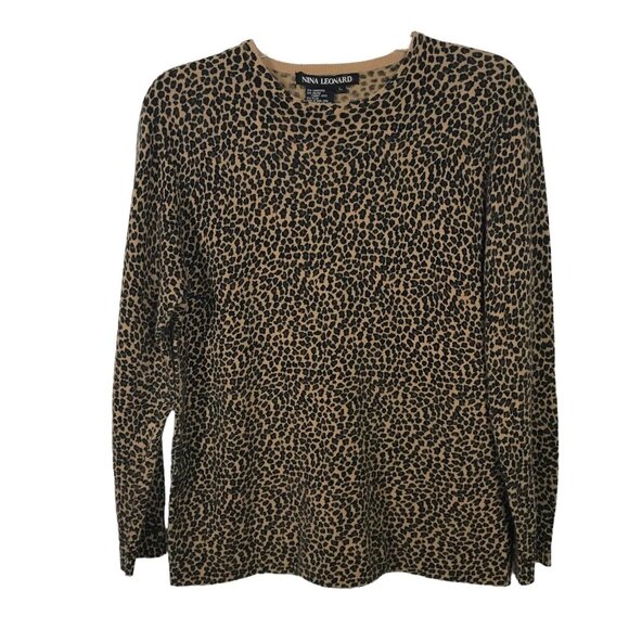 VTG Nina Leonard Large Sweater Lambswool Angora Leopard Print Pullover Crew Neck - Picture 1 of 8